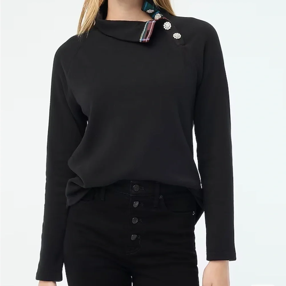 J crew Tartan wide jeweled button-neck pullover sweatshirt